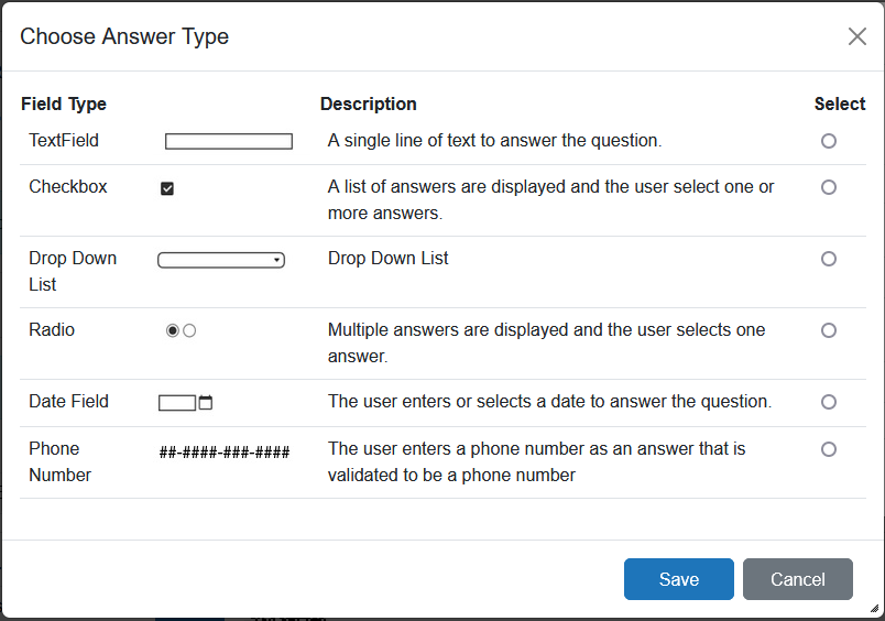 example field types available in Form Builder